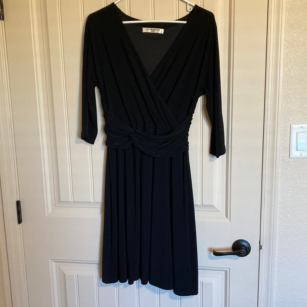 Evan-Picone Black V-Neck 3/4 Sleeves Petite Dress with Ruching at Waist Size LP
